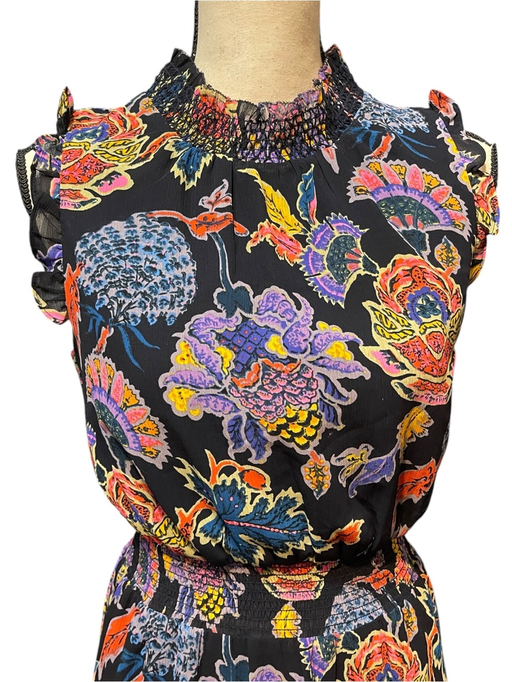 J. Crew Smocked Waist Bold Floral Print High Neck Sleeveless Summer Dress XS - Picture 10 of 15
